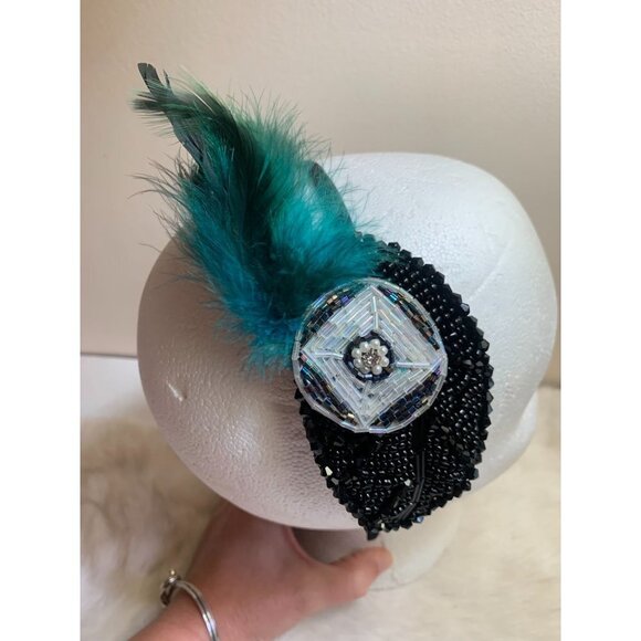 Women's Fascinator Headband Hat Feather Beaded Cocktail 1920s - Picture 6 of 8